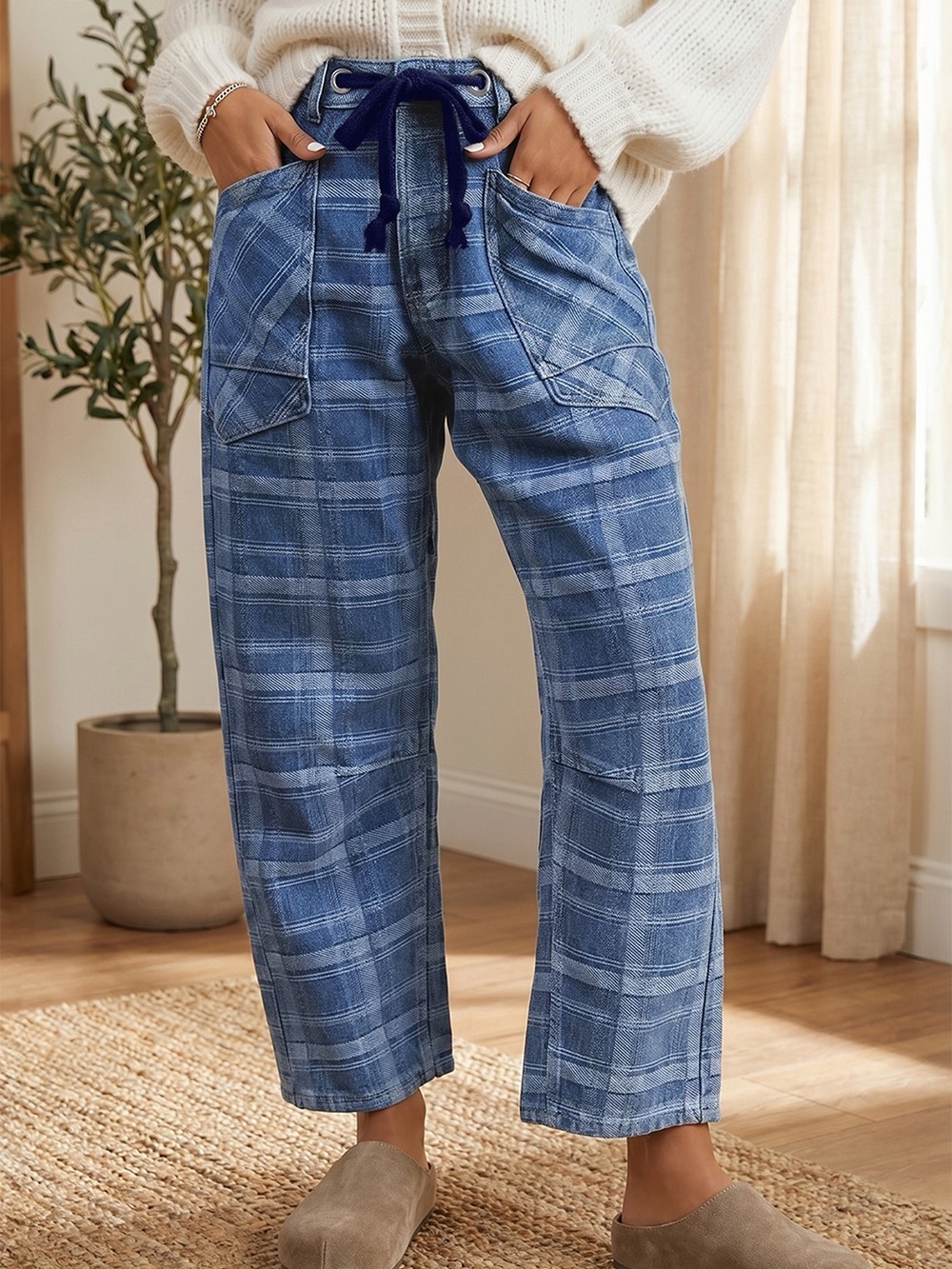 🩵 Hello Gorgeous! Plaid Denim Grommet Drawstring Waist Ankle-Length Jeans